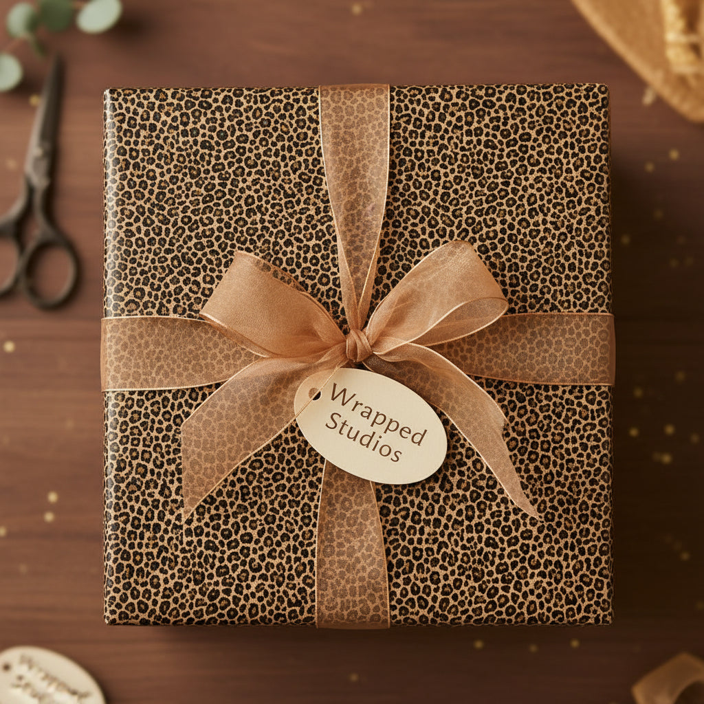 Square gift wrapped in luxe leopard print paper with a sheer gold ribbon and bow.