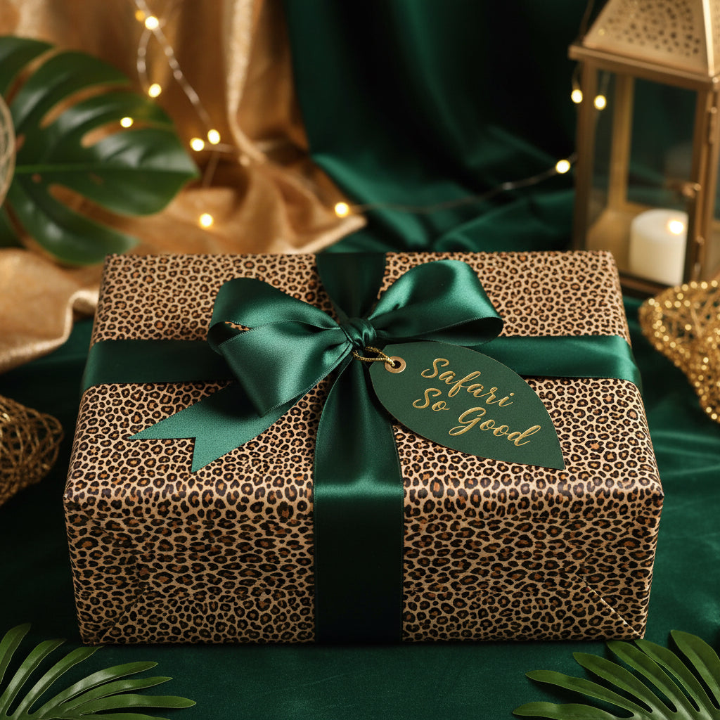 Leopard print wrapping paper with emerald ribbon and "Safari So Good" tag, perfect for a unique birthday gift.