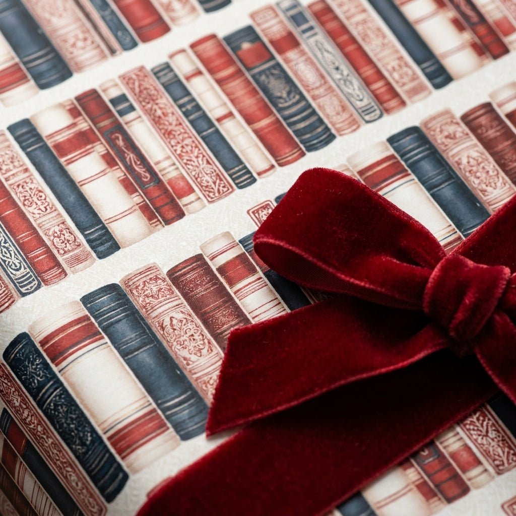 Vintage book wrapping paper with a luxury red velvet bow by Wrapped Studios, perfect for book lovers.