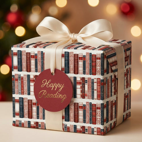Book spine wrapping paper with cream satin bow and Happy Reading gift tag by Wrapped Studios.