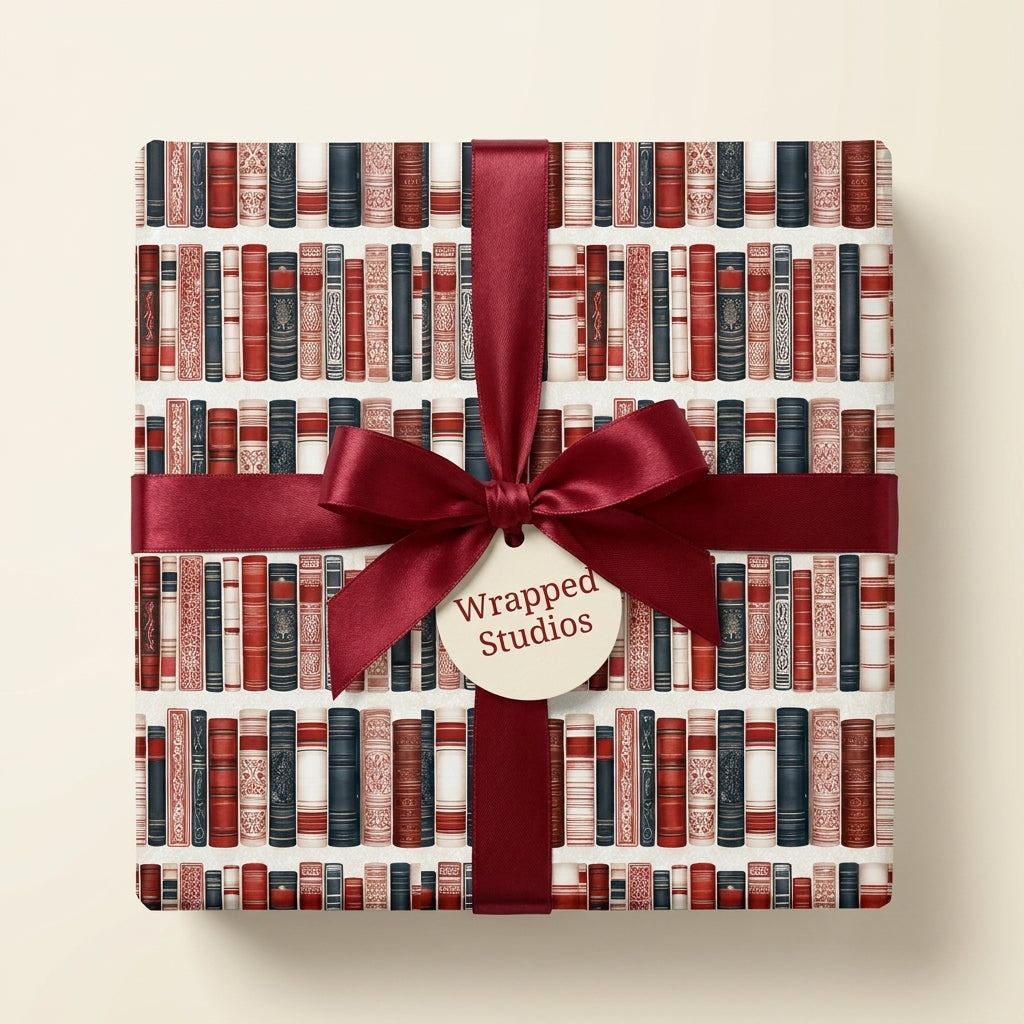 Vintage bookshelf wrapping paper on a gift box with a burgundy satin bow by Wrapped Studios.
