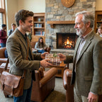 A gift wrapped in vintage plaid holiday wrapping paper from Wrapped Studios is exchanged by a fireplace.