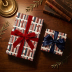Vintage book wrapping paper by Wrapped Studios on gifts tied with luxury red velvet and navy bows.