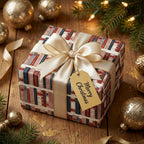 Vintage book Christmas wrapping paper by Wrapped Studios, tied with a cream ribbon and Merry Christmas tag.