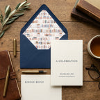 Literary wedding invitation suite with navy envelope and watercolor book liner by Wrapped Studios.