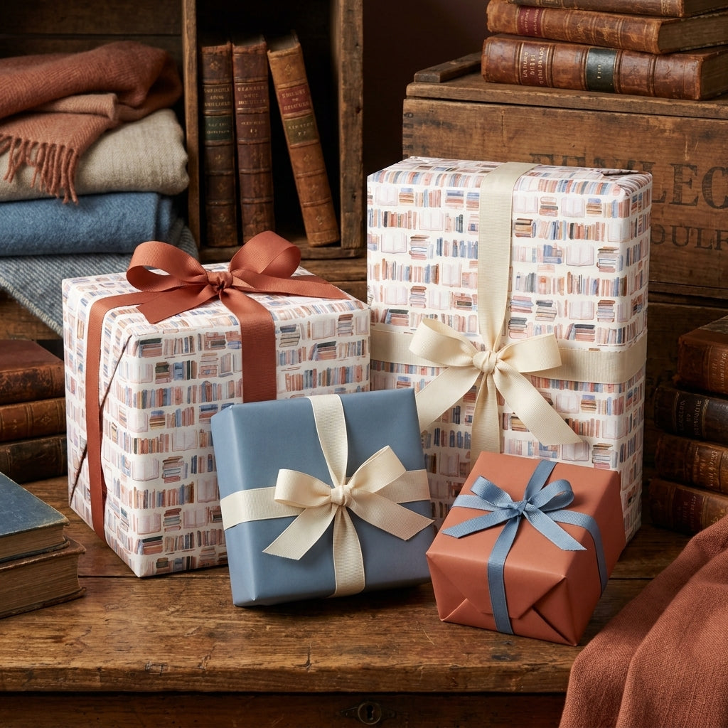 Bookish library wrapping paper on cozy vintage gift boxes with satin ribbons by Wrapped Studios.