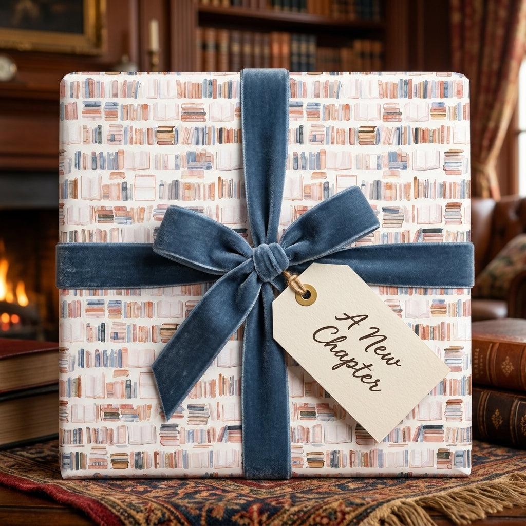 Book themed wrapping paper by Wrapped Studios with bookshelf pattern, dusty blue velvet ribbon, and gift tag.
