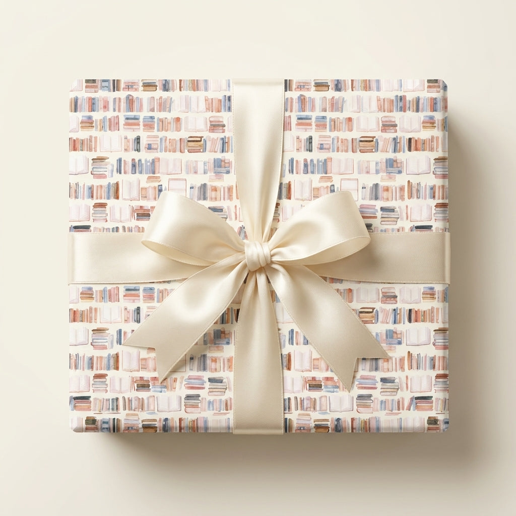 Book lover wrapping paper with watercolor library pattern and satin ribbon bow, by Wrapped Studios.