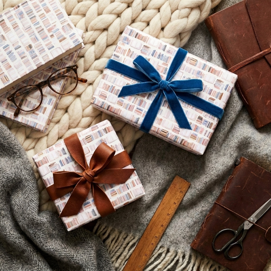 Cozy bookshelf gift wrapping paper with velvet ribbon, perfect for book lovers, by Wrapped Studios.