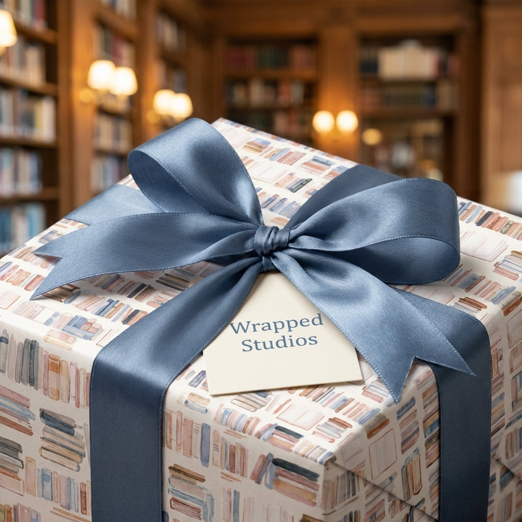 Book lover wrapping paper with a vintage library pattern and dusty blue satin bow by Wrapped Studios.