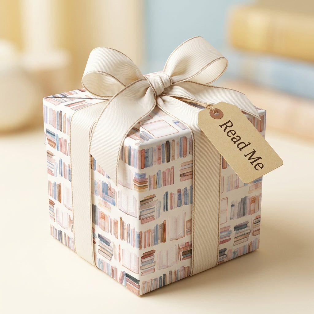 Book lover wrapping paper with watercolor books, cream bow, and "Read Me" tag by Wrapped Studios.