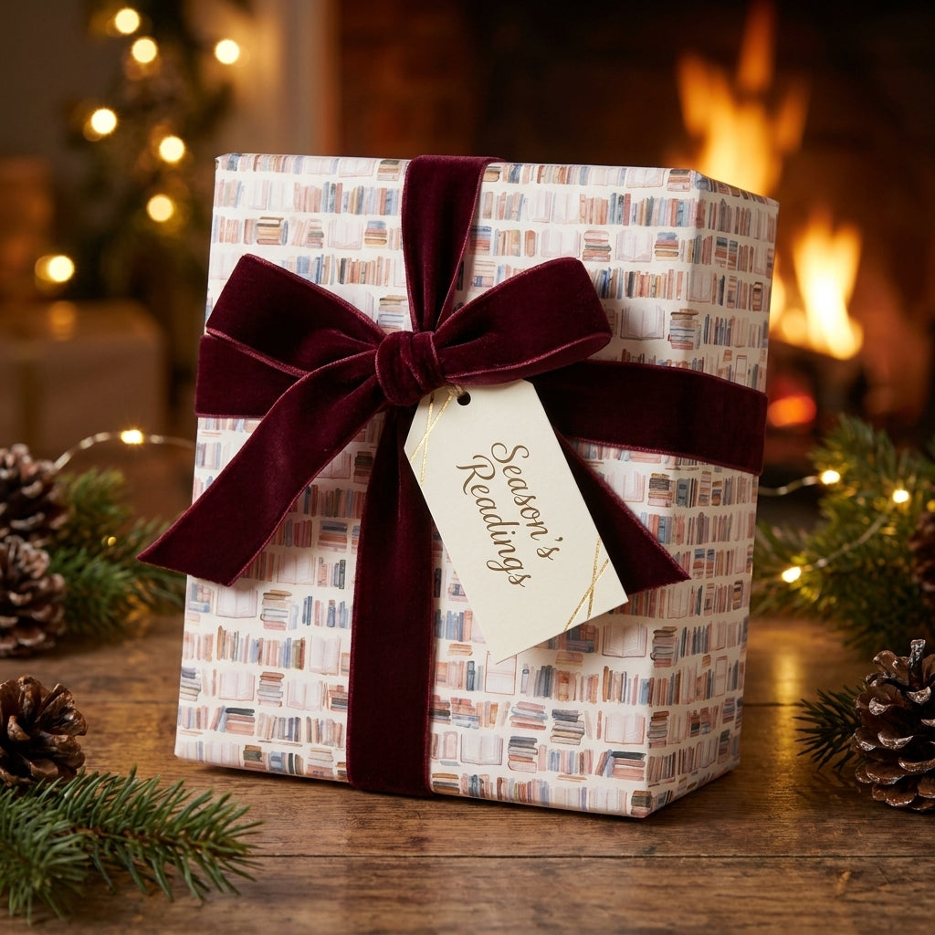 Bookish Christmas wrapping paper with a burgundy velvet bow by Wrapped Studios.