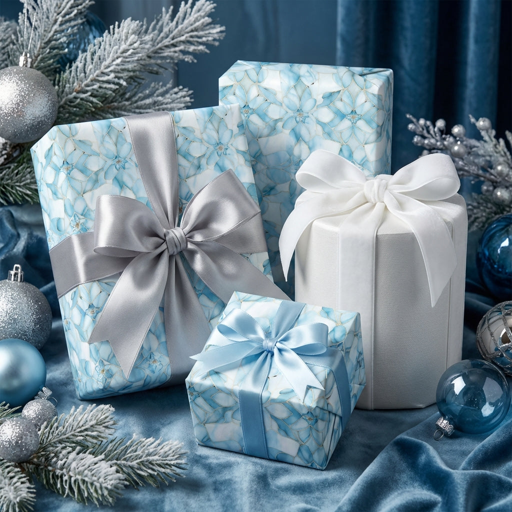Elegant gifts wrapped in blue floral wrapping paper with silver and white ribbon.