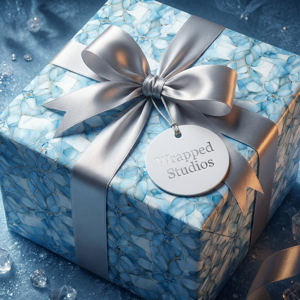 Elegant gift wrapped in blue floral wrapping paper with a silver ribbon bow.