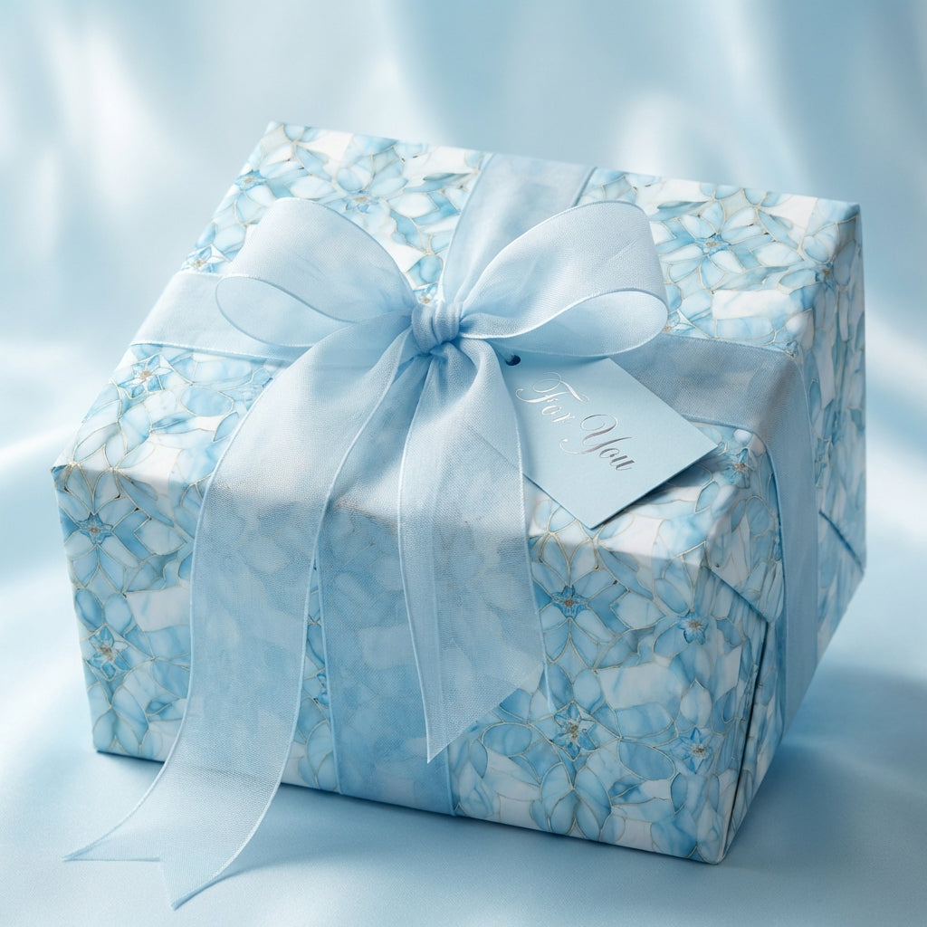 Elegant gift wrapped in blue floral wrapping paper with a sheer ribbon and "For You" tag.