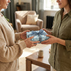 Exchanging a gift wrapped in blue floral wrapping paper with a matching ribbon in a cozy home setting.