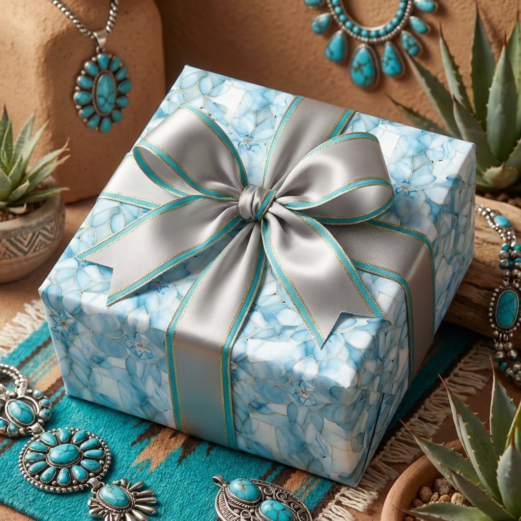 Gift box in blue floral wrapping paper with a silver ribbon, surrounded by turquoise jewelry and cacti.