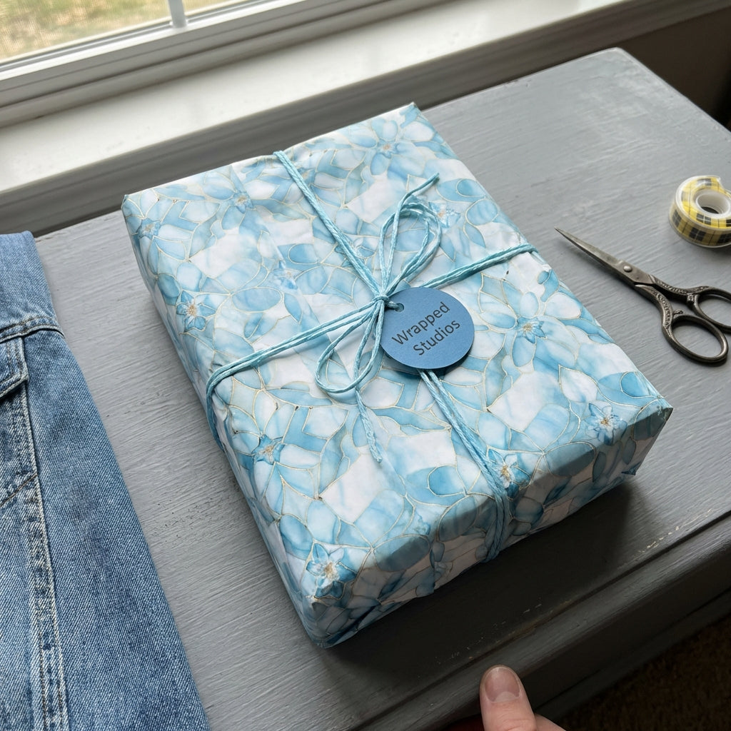 Rectangular gift wrapped in blue floral wrapping paper, tied with string and a tag.
