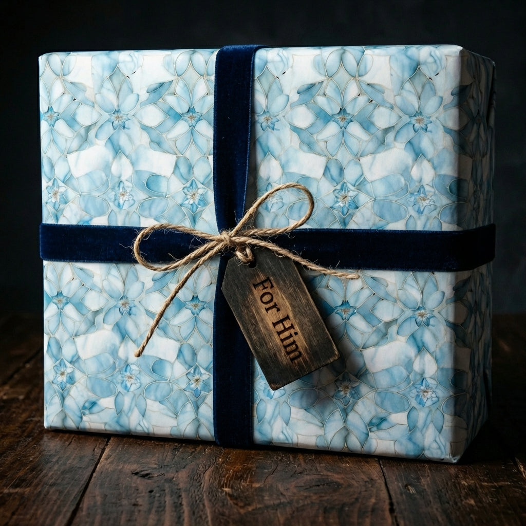 Elegant gift wrapped in blue floral wrapping paper with a navy velvet ribbon and "For Him" tag.
