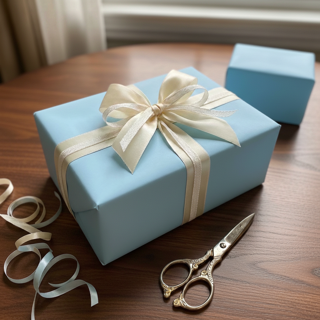 Light blue solid wrapping paper on a gift box with a cream ribbon, plus vintage scissors for birthdays or baby showers.