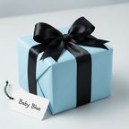 Baby blue wrapping paper with black satin ribbon and bow, perfect for birthday or baby shower gifts.