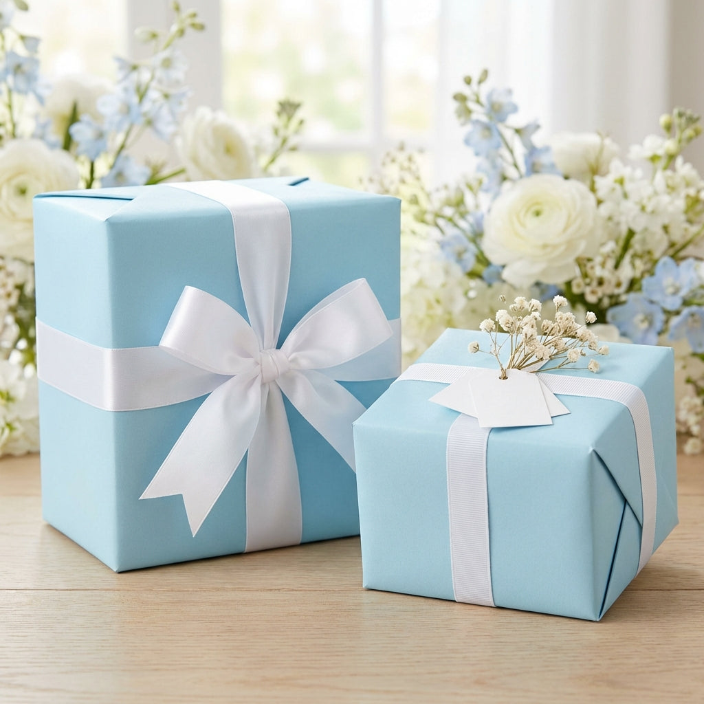 Light blue wrapping paper on gift boxes with white ribbon, for birthdays, baby showers, or elegant gift wrapping.
