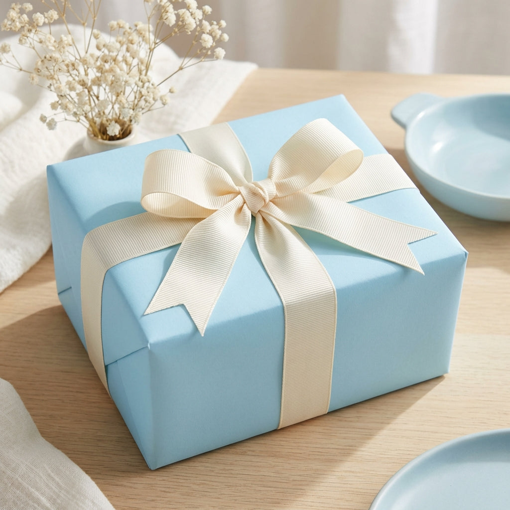 Light blue gift box wrapped in solid color wrapping paper with a cream-colored grosgrain ribbon.