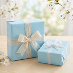 Light blue gift wrap on presents with lace ribbon bows, suitable for baby shower or spring celebration.