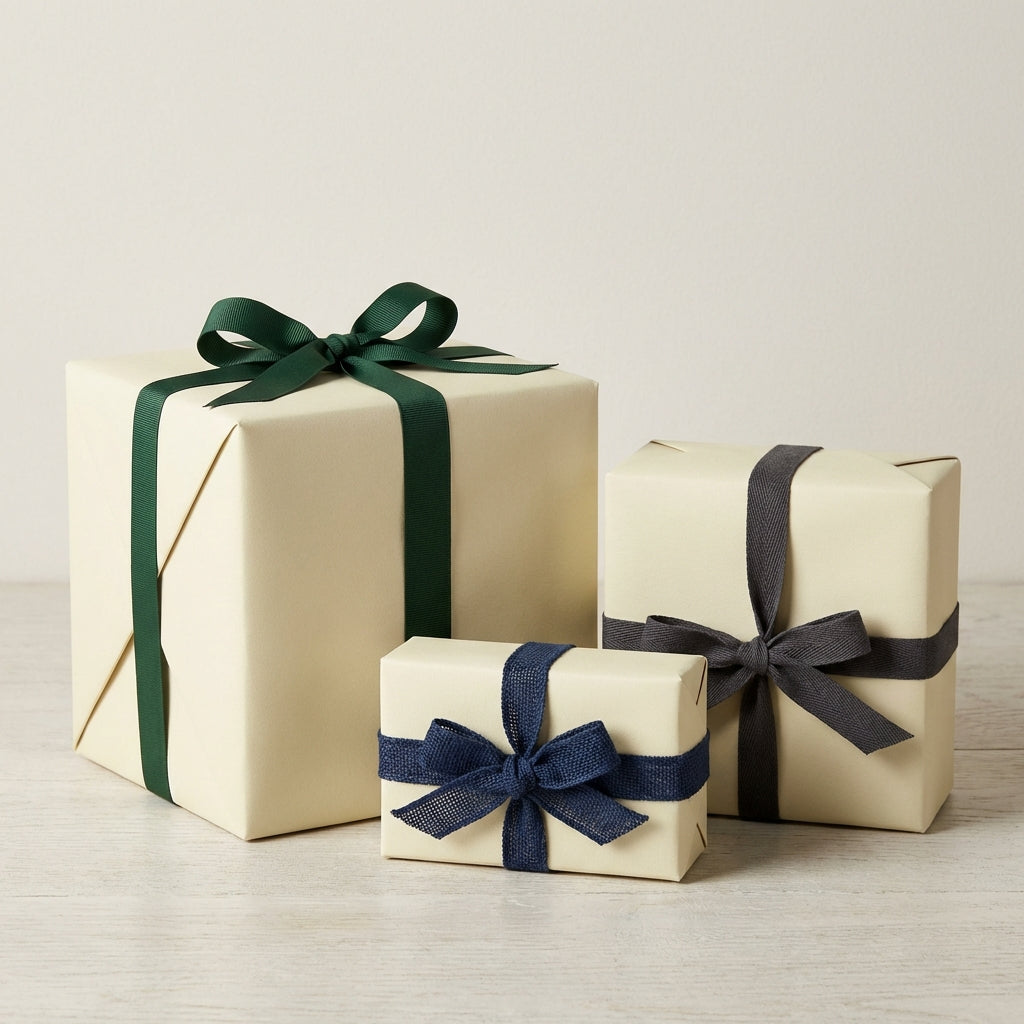 Three gift boxes wrapped in linen cream paper with green, blue, and black ribbons on a light background.