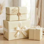 Three linen cream colored gift boxes with decorative ribbons on a light wooden surface.