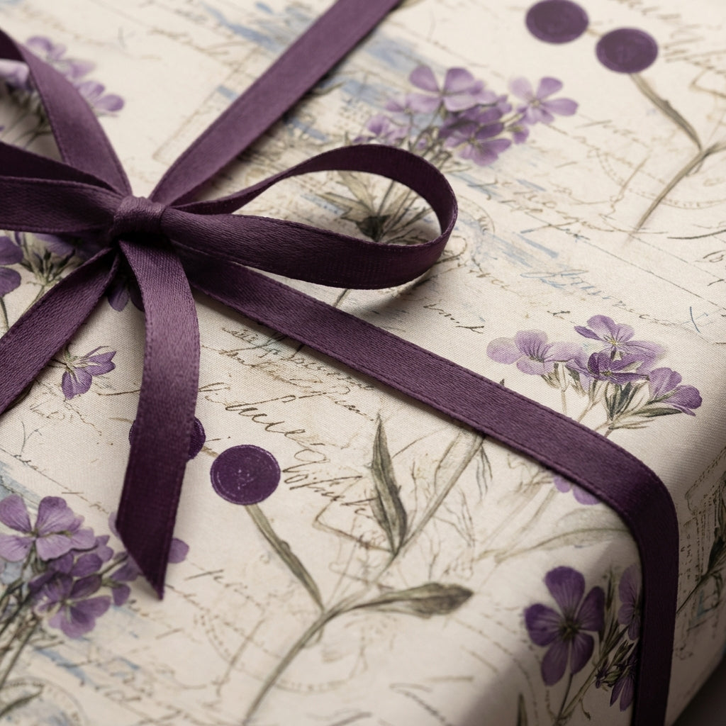 Elegant floral wrapping paper with a satin purple ribbon bow.