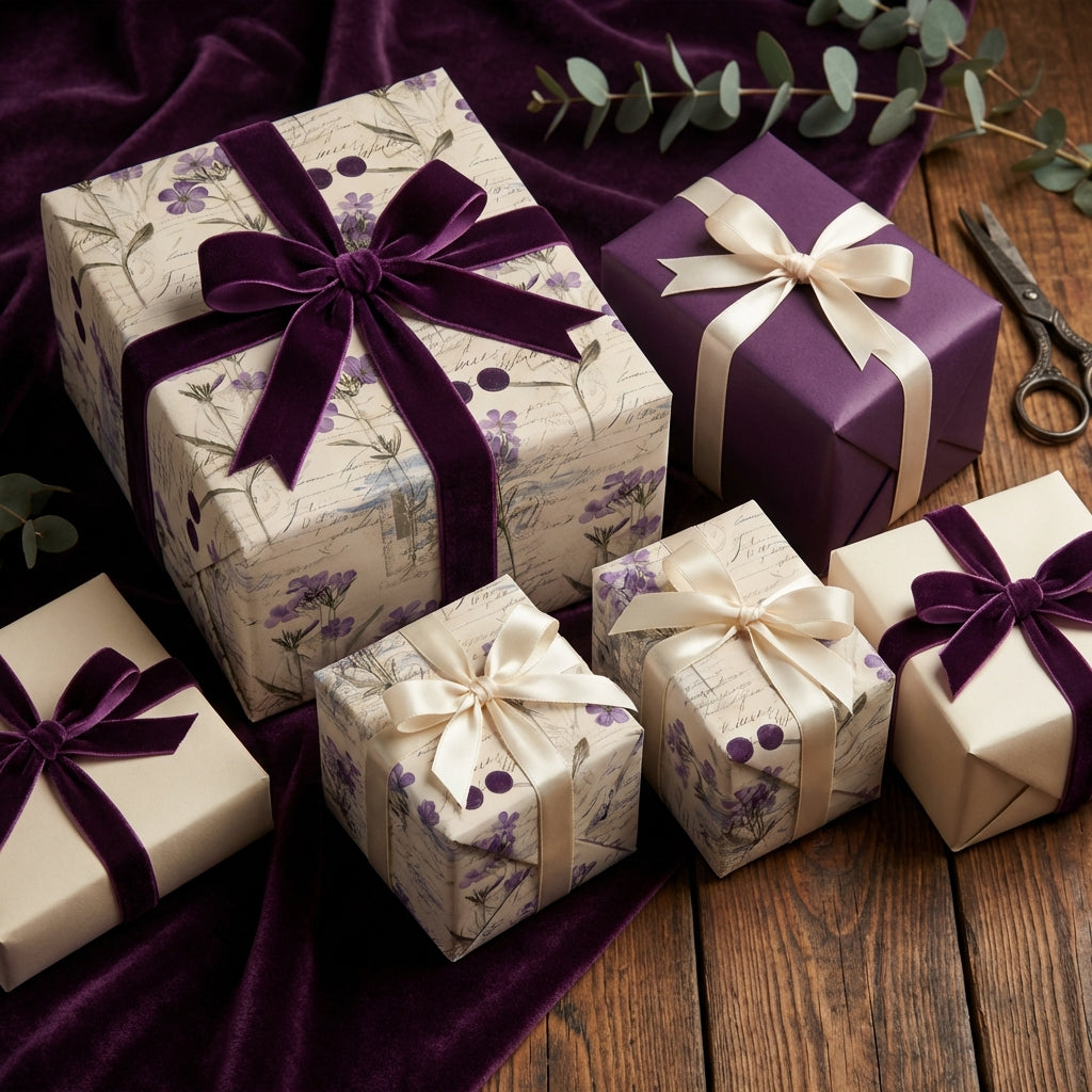 Elegant gifts wrapped in floral wrapping paper with velvet ribbons.