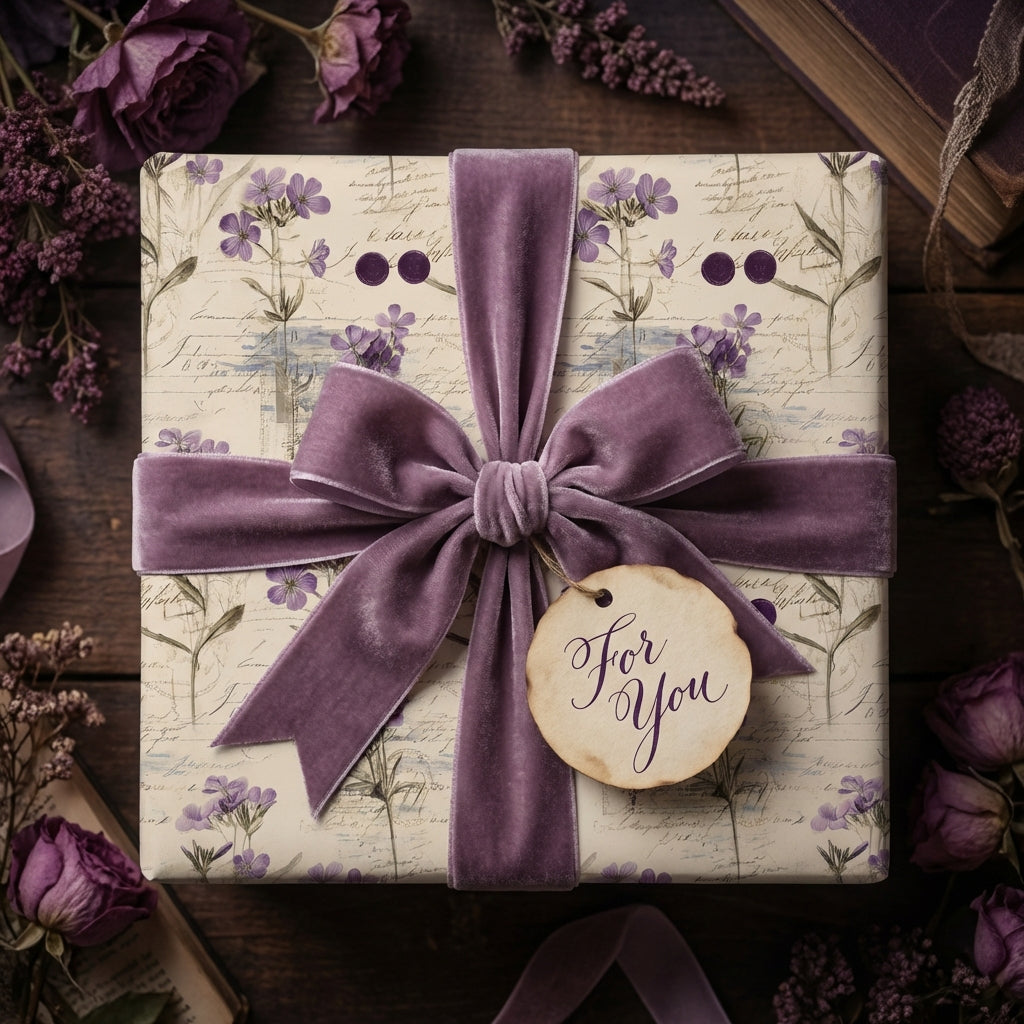 Elegant floral wrapping paper with a velvet ribbon bow. "For You" tag attached.