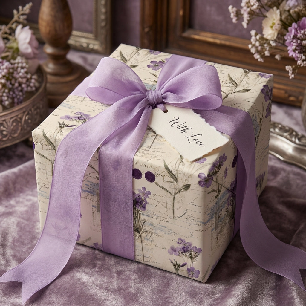 Elegant floral wrapping paper with lavender ribbon and "With Love" tag.