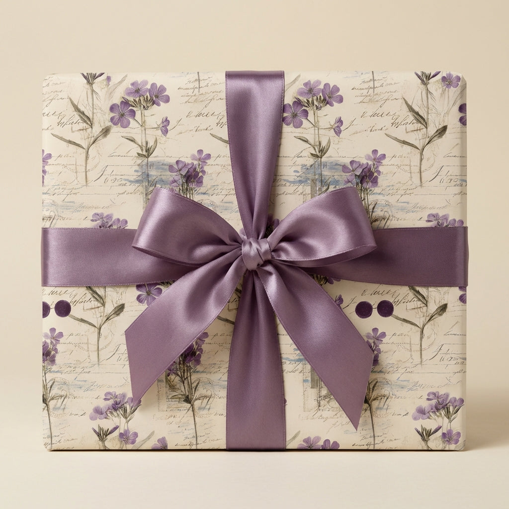 Elegant floral wrapping paper with a lavender satin ribbon bow.
