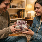 Giving a gift wrapped in floral birthday wrapping paper and tied with a mauve ribbon.