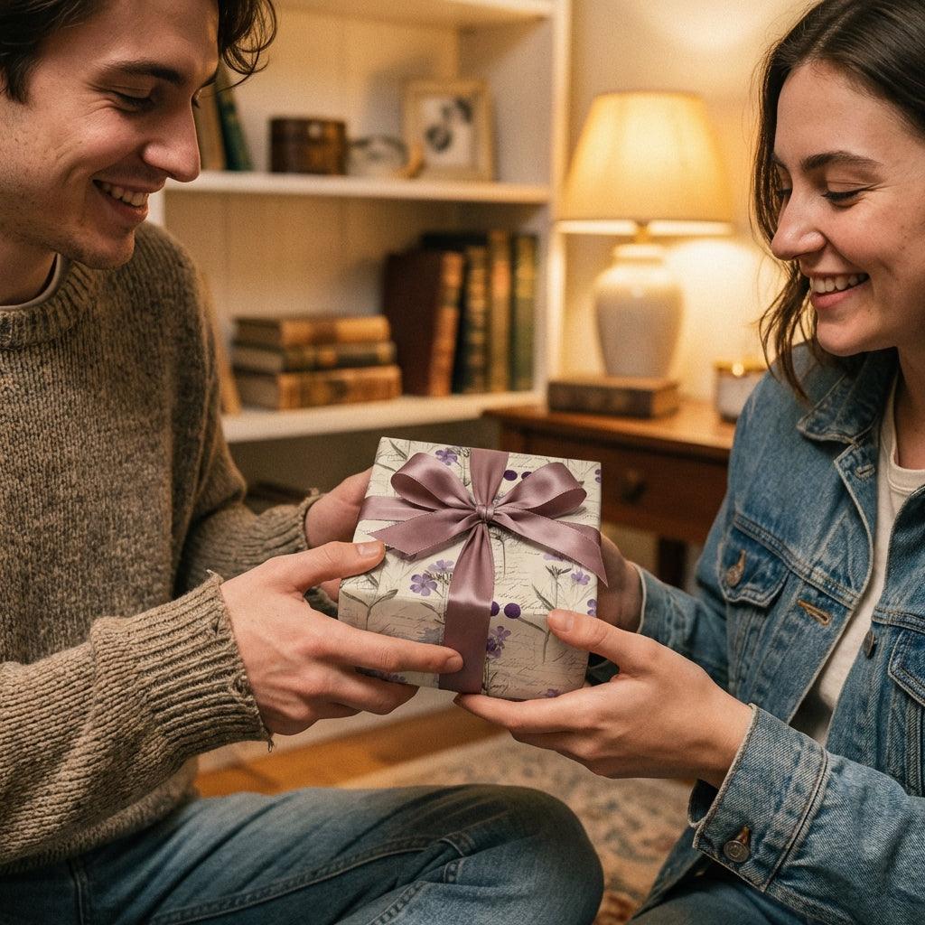 Giving a gift wrapped in floral birthday wrapping paper and tied with a mauve ribbon.