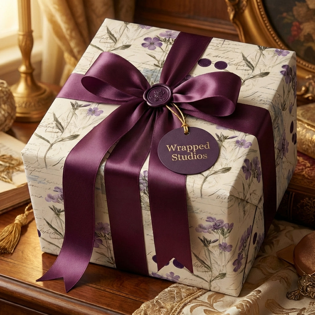 Wrapped Studios luxury gift wrap. Floral wrapping paper with a purple satin ribbon and wax seal.