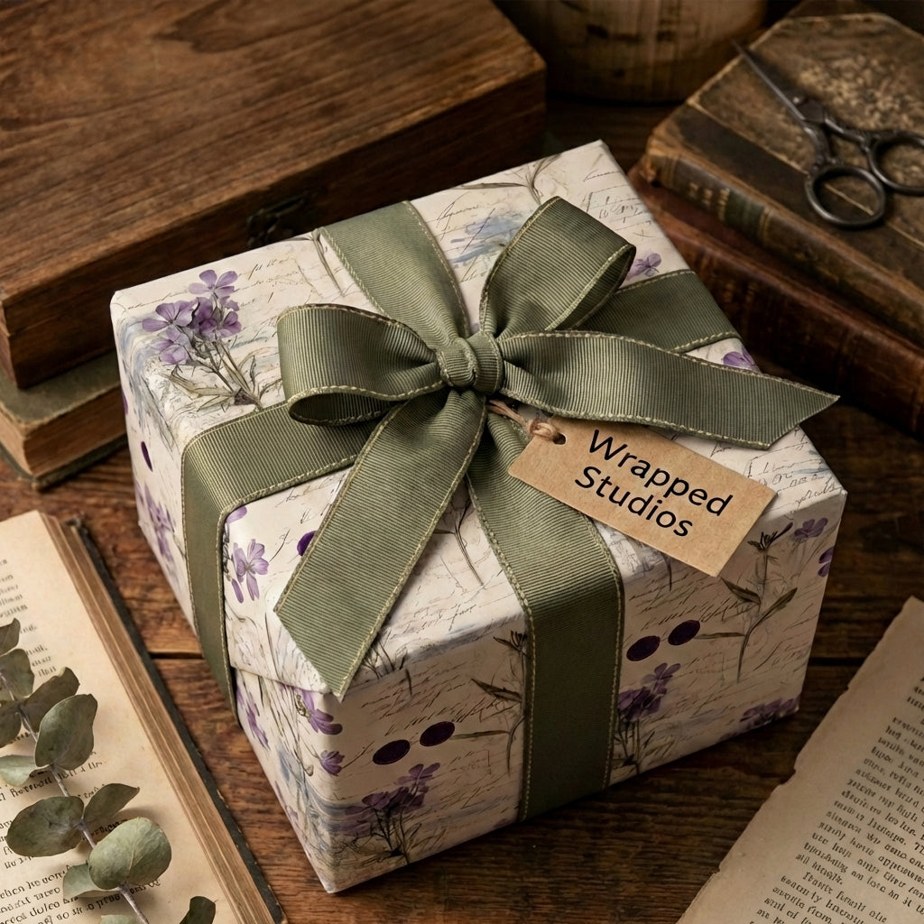 Square gift wrapped in purple floral paper, olive grosgrain ribbon, from Wrapped Studios.