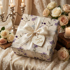 Elegant "Forever & Always" gift wrapped in floral wedding wrapping paper with lace ribbon.