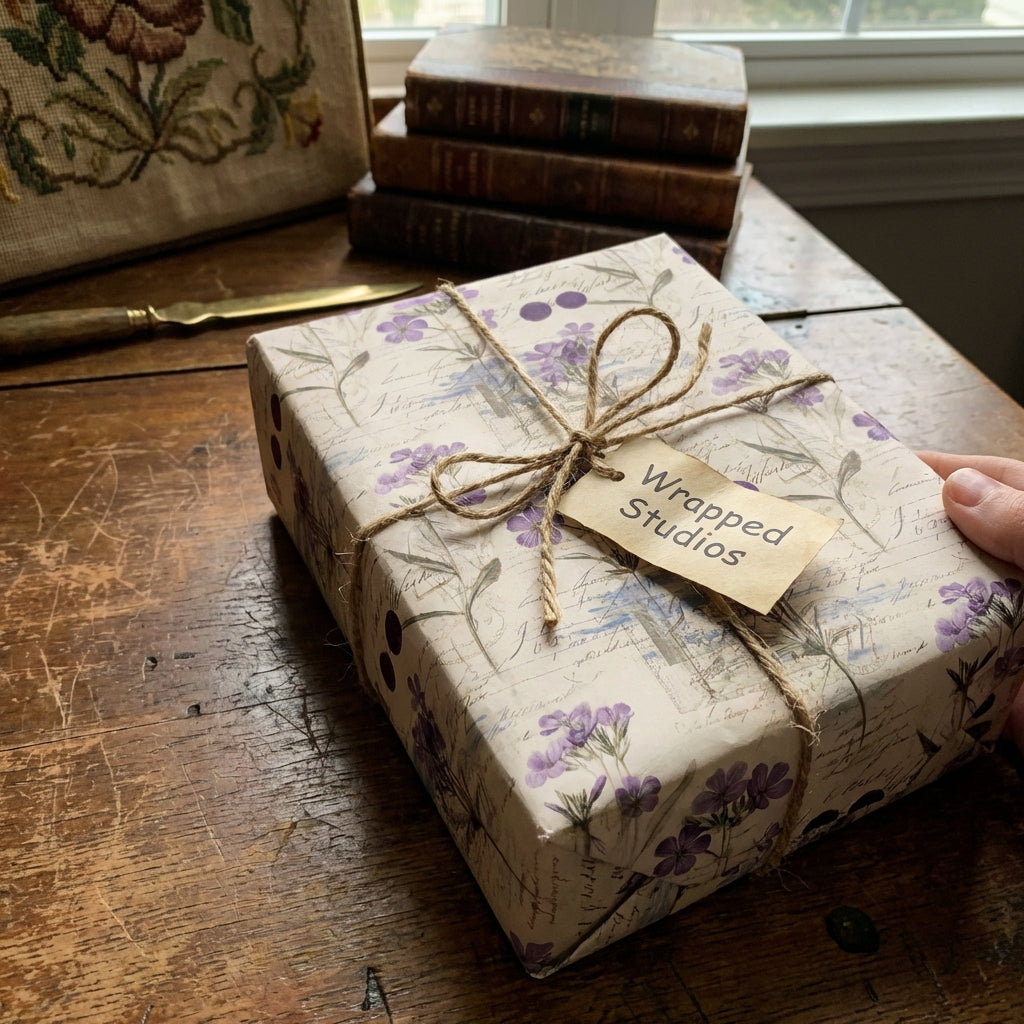 Wrapped Studios floral wrapping paper with twine bow, perfect for elegant birthday gifts.