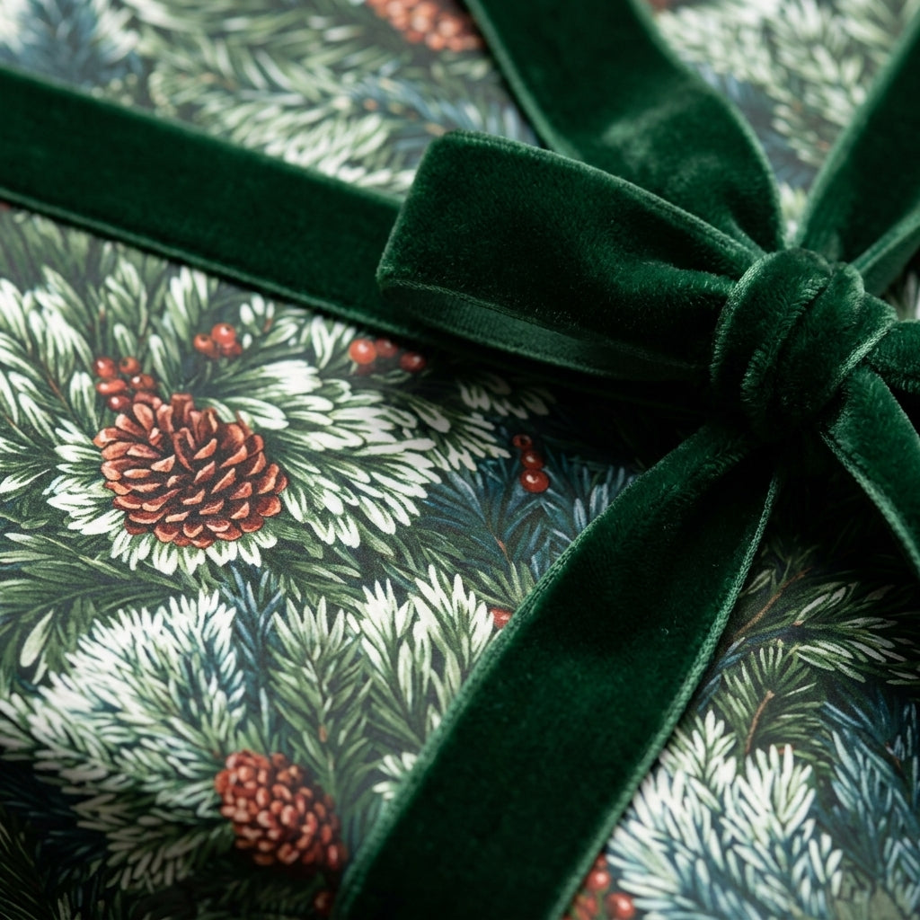 Luxury Christmas wrapping paper with pinecones and green velvet ribbon by Wrapped Studios.