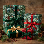 Luxury pinecone Christmas gift wrap with velvet ribbons on holiday present boxes by Wrapped Studios.