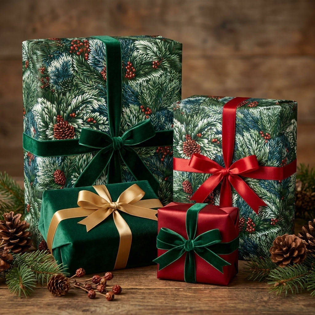 Luxury pinecone Christmas gift wrap with velvet ribbons on holiday present boxes by Wrapped Studios.