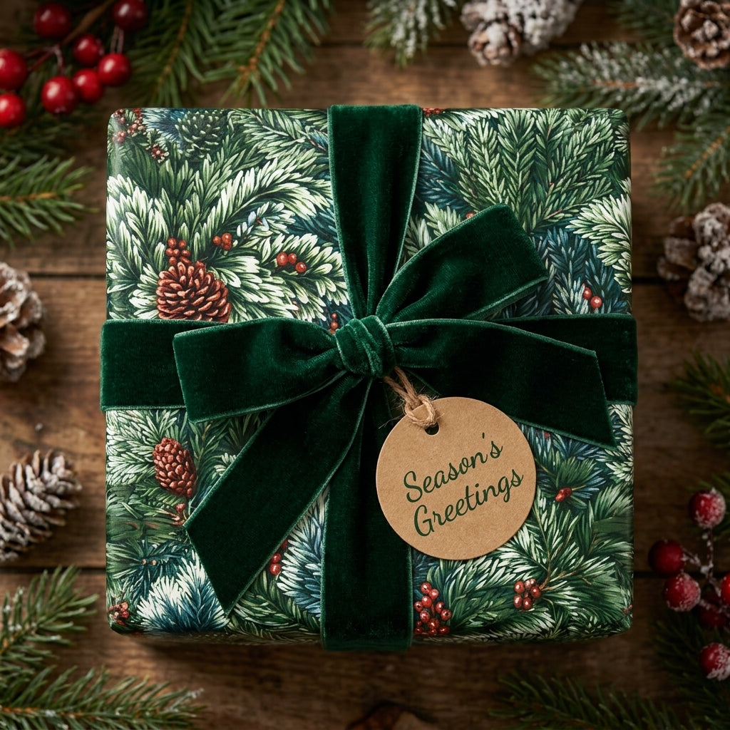Luxury Christmas wrapping paper with pine pattern and green velvet ribbon by Wrapped Studios.