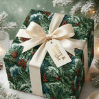 Luxury pine Christmas wrapping paper with a cream satin bow by Wrapped Studios.