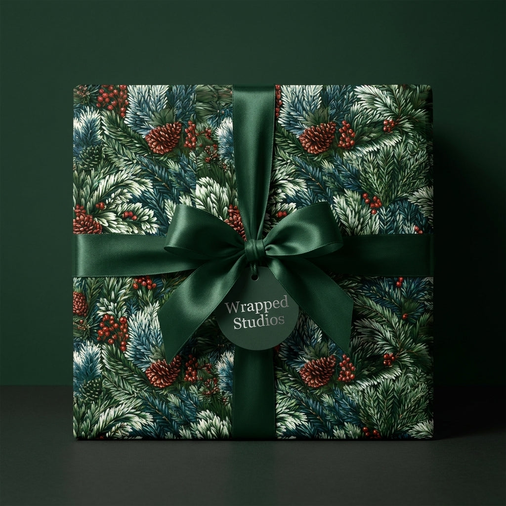 Luxury Christmas wrapping paper with pine branches and green satin ribbon by Wrapped Studios.