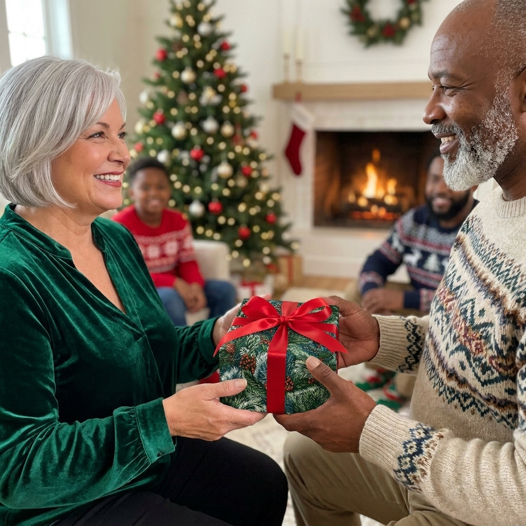 Couple exchanging a holiday gift in green pine Christmas wrapping paper with a red bow by Wrapped Studios.