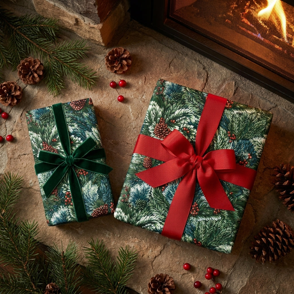 Luxury pine Christmas wrapping paper with bows by a cozy fireplace. Wrapped Studios holiday gift wrap.