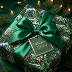Luxury Christmas gift wrap with pine pattern and green ribbon, featuring a gift tag from Wrapped Studios.
